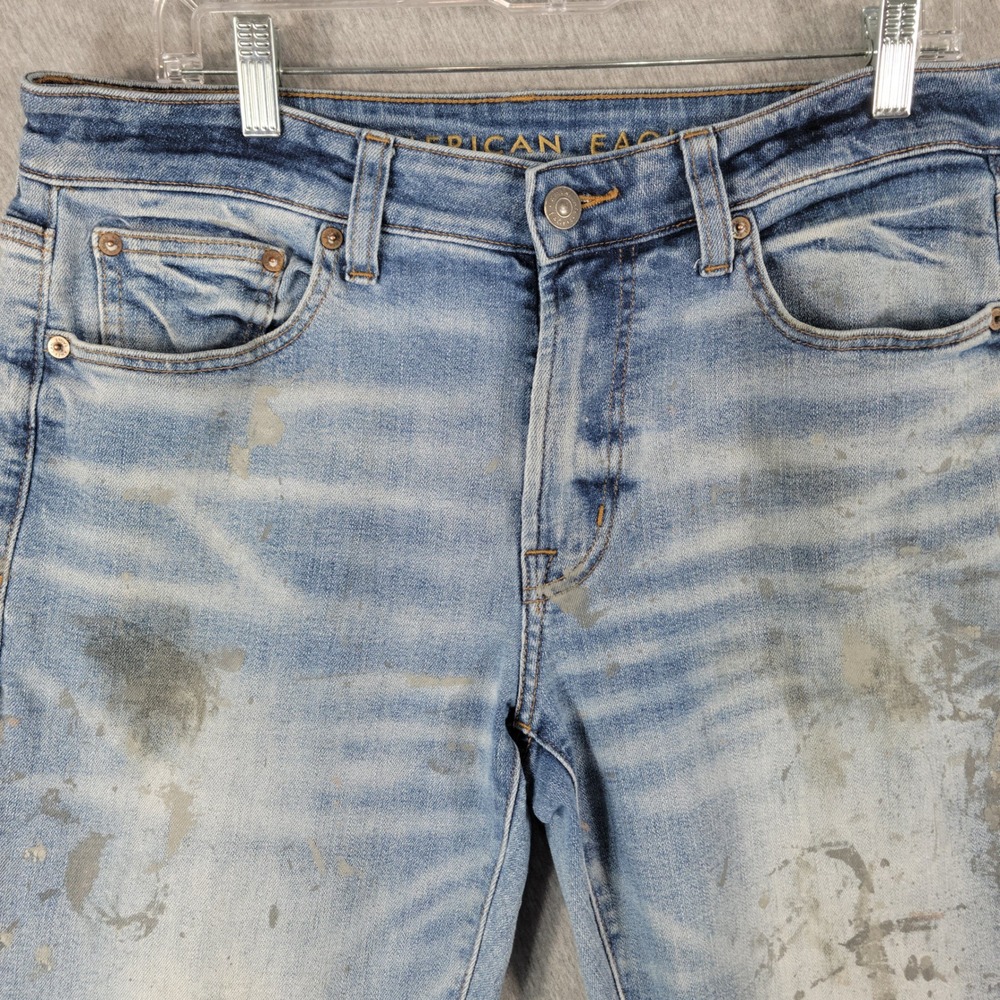 American Eagle Jeans Mens 33x34 Airflex Slim Straight Paint Splatter Distressed - Picture 4 of 14